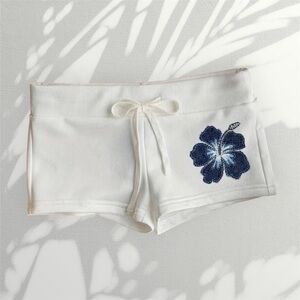 White Hibiscus Lounge Shorts Y2K Tropical Low Rise 🌊
